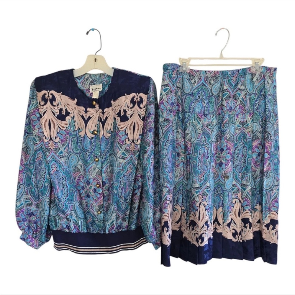 VTG Evanna 2Piece Skirt Suit 14 Paisely Blue Pink Long Sleeve  Button Up Career - Picture 2 of 16